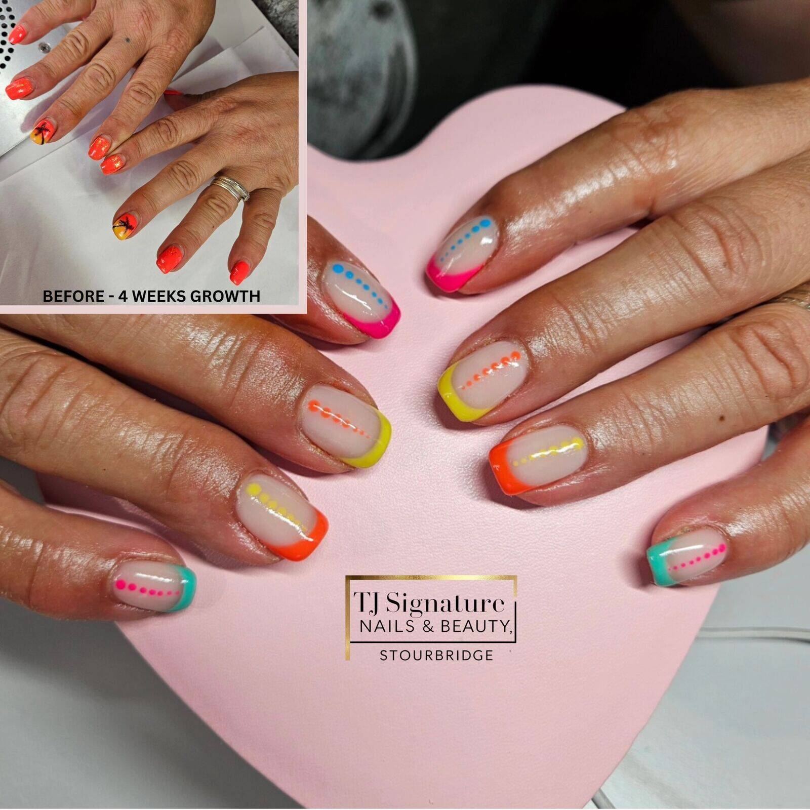 Bright and playful! The neon tips and matching dotted lines pop beautifully against the clear base—perfect for a fun, summery vibe.