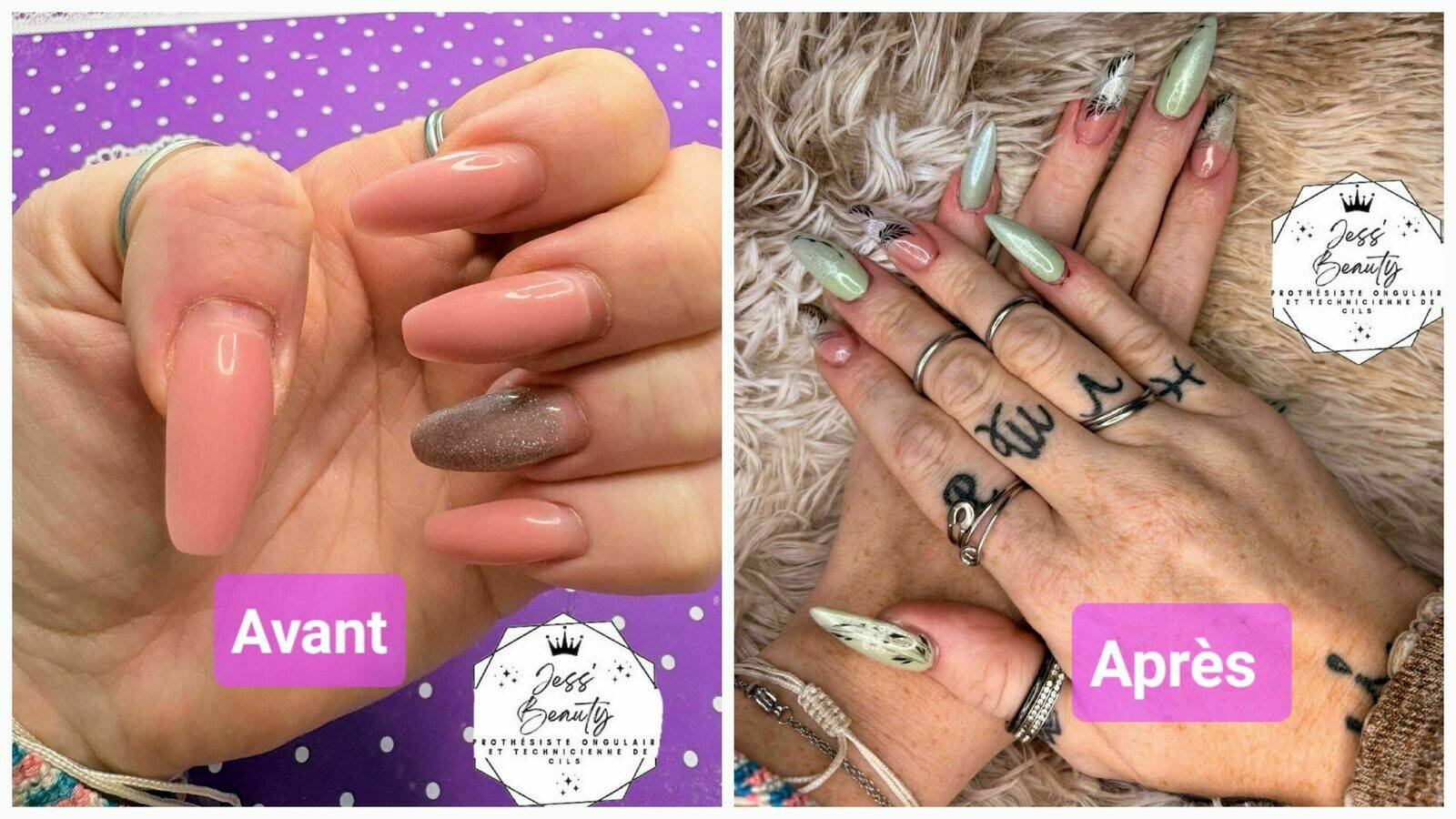 Avant/aprés. Dépose et pose capsules forme amande et déco.