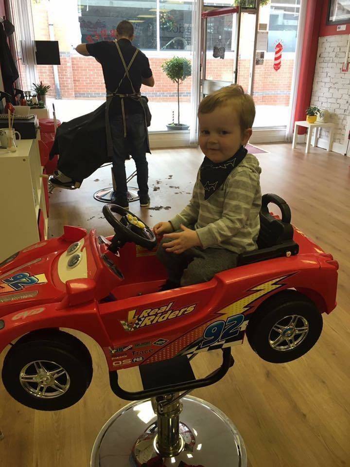 The chair has been well and truly christened! 
This was the first tiny customer to use it! Finley!  (very cute too)