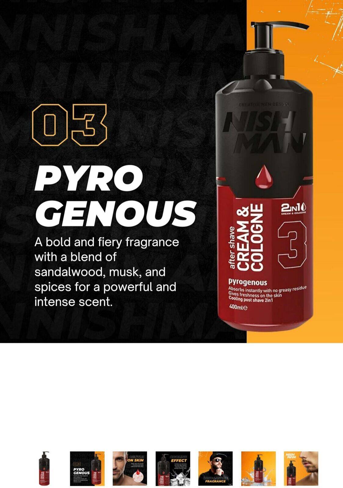 NISHMAN Aftershave Cream Cologne 03 - Pyrogenous 400ml – 2in1 Cream & Cologne, Extra Moisturising Men's After Shave - Refreshing & Cooling Post-Shave Moisturising Spray Lotion