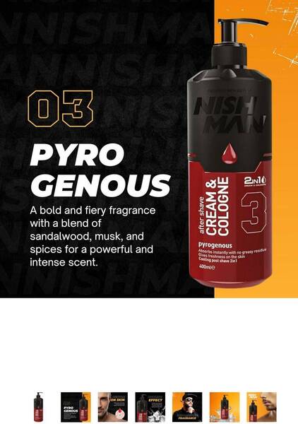 NISHMAN Aftershave Cream Cologne 03 - Pyrogenous 400ml – 2in1 Cream & Cologne, Extra Moisturising Men's After Shave - Refreshing & Cooling Post-Shave Moisturising Spray Lotion