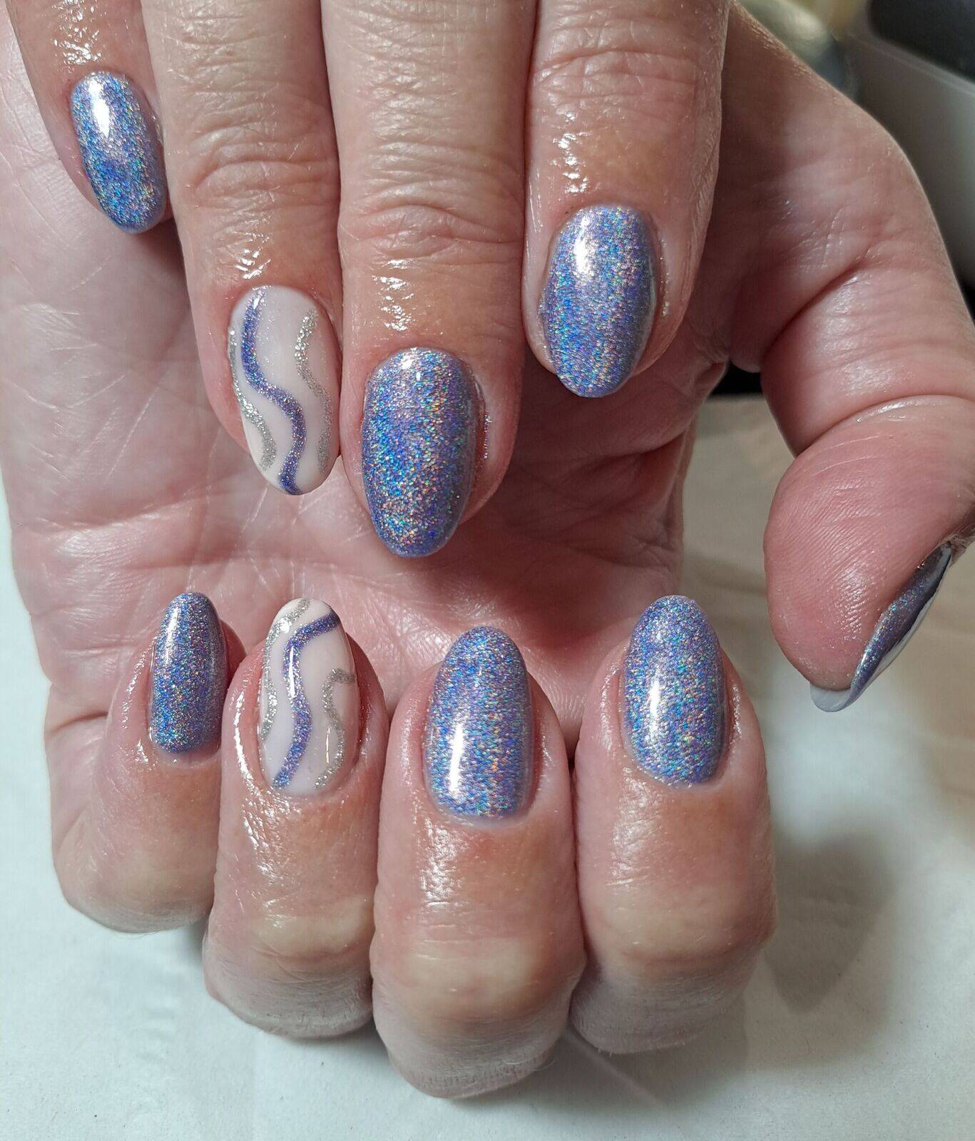 Blue holographic gel with swirls