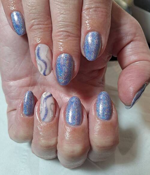 Blue holographic gel with swirls