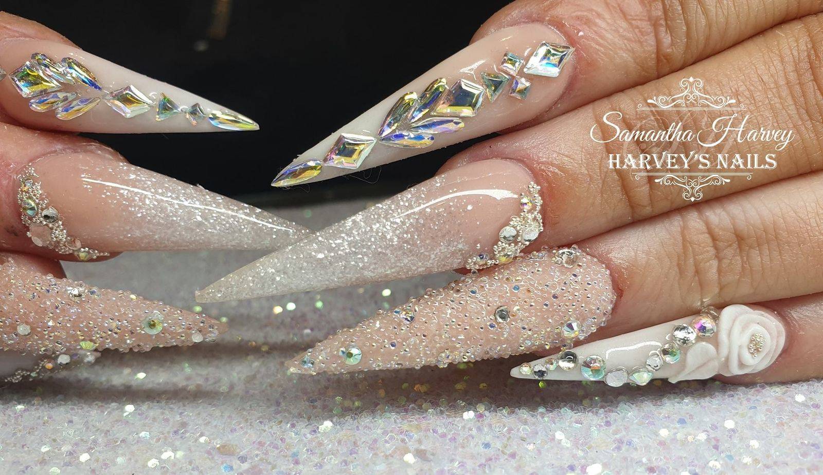 Acrylic design Stiletto nail with 3D flowers, Swarovski crystals etc