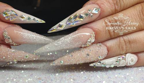 Acrylic design Stiletto nail with 3D flowers, Swarovski crystals etc