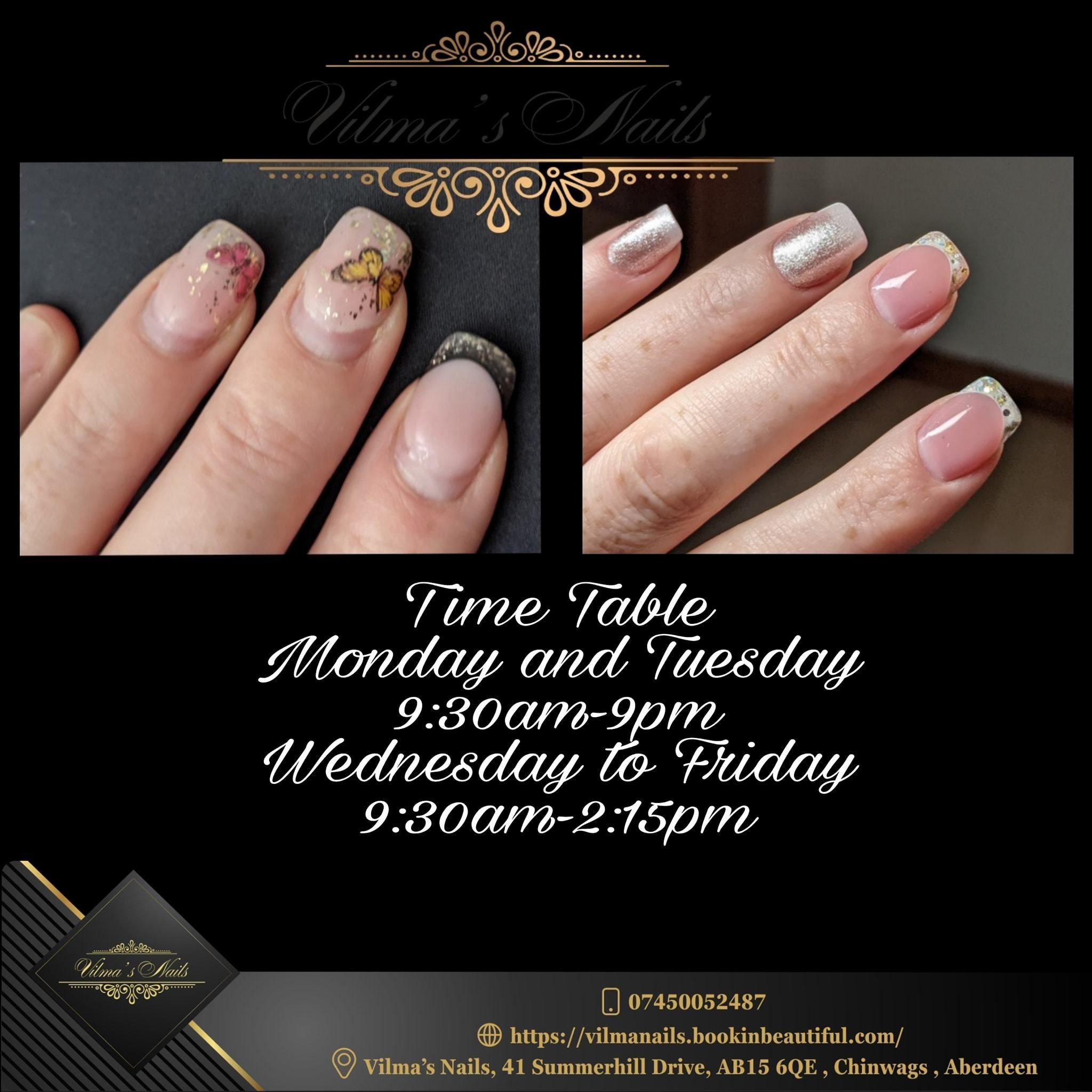 New Time Table for few months.https://vilmanails.bookinbeautiful.com/