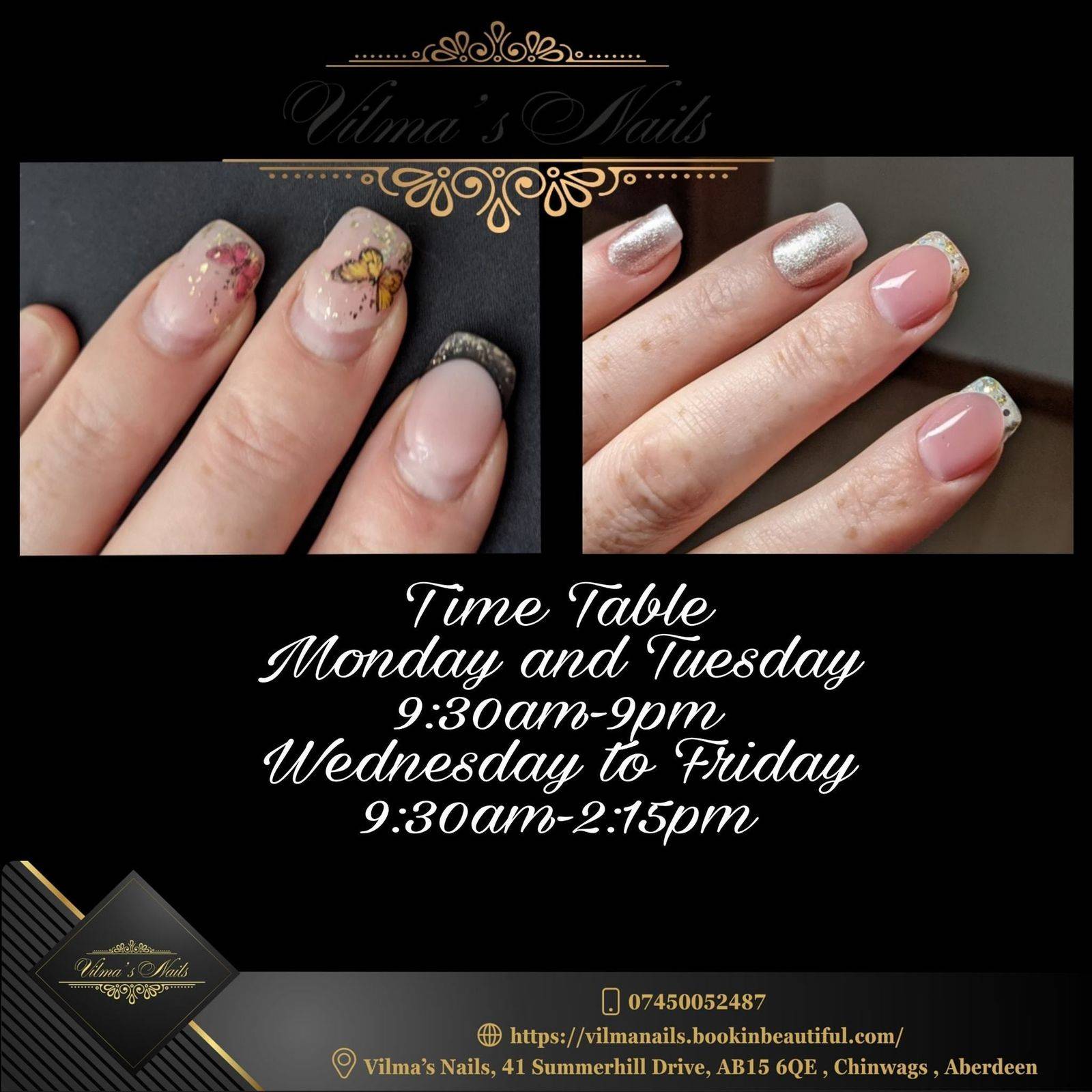 New Time Table for few months.https://vilmanails.bookinbeautiful.com/