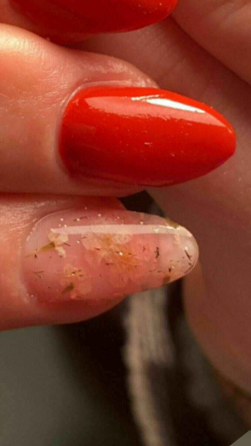 Orange nails et incrustation de fleurs séchées 