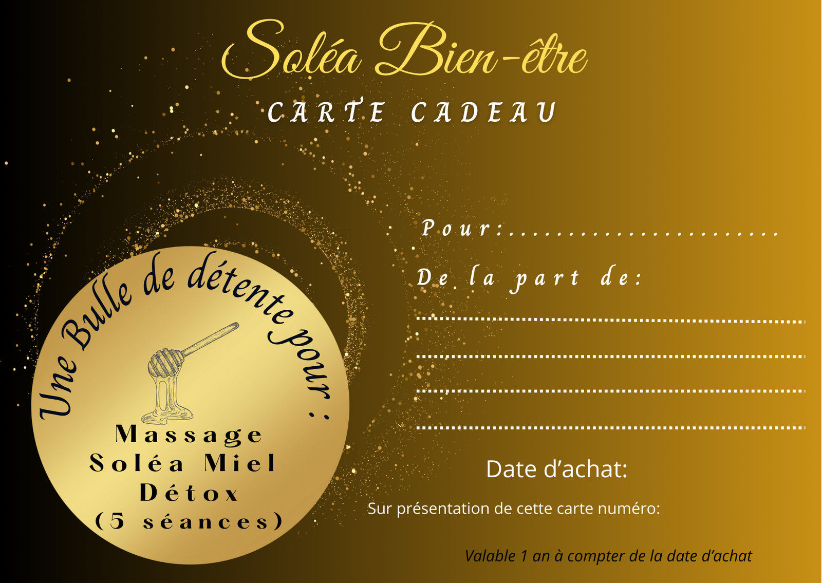 Carte cadeau Massage Soléa Miel Détox 5 séances
