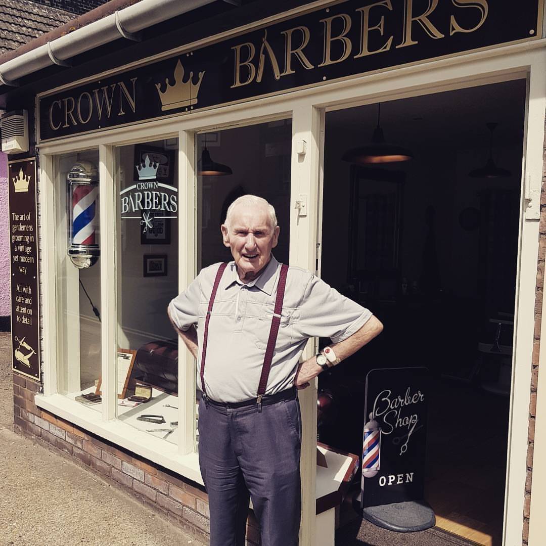 This is going to be James in 50 years! His grandad visiting our first shop in 2017. Looking dapper!
