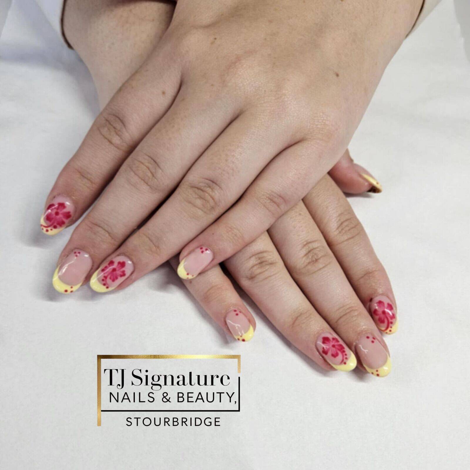 Another beautiful freehand nail art with a fresh summer vibe — soft pink base, yellow French tips, and delicate hand-painted hibiscus flower's  🌺  💅✨