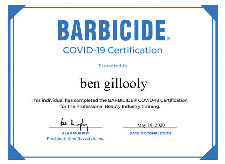 Barbicide Covid -19 certificate (Buxton barber ) 