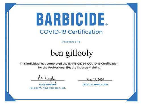 Barbicide Covid -19 certificate (Buxton barber ) 