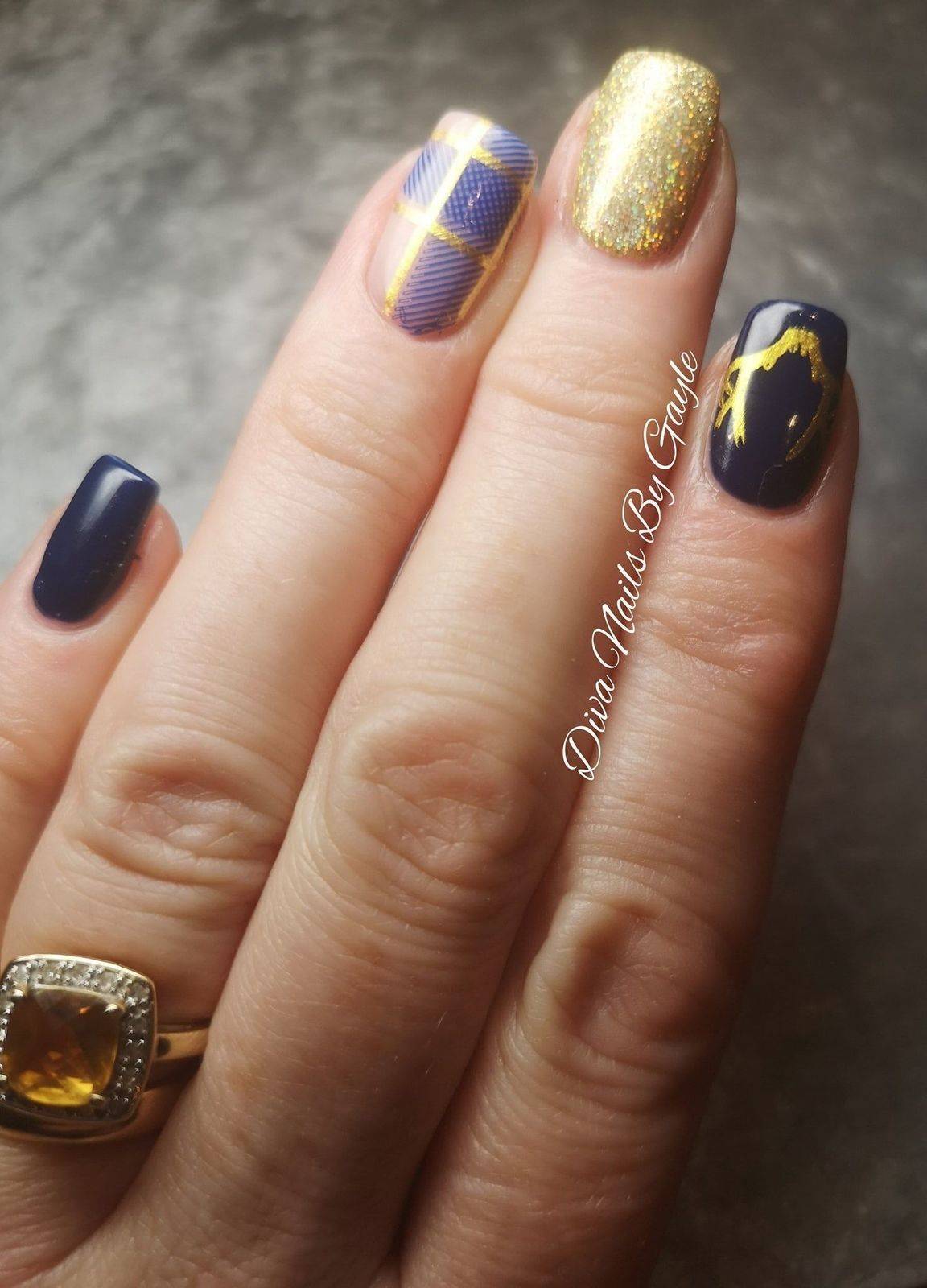 Navy and gold Scottish themed nails 