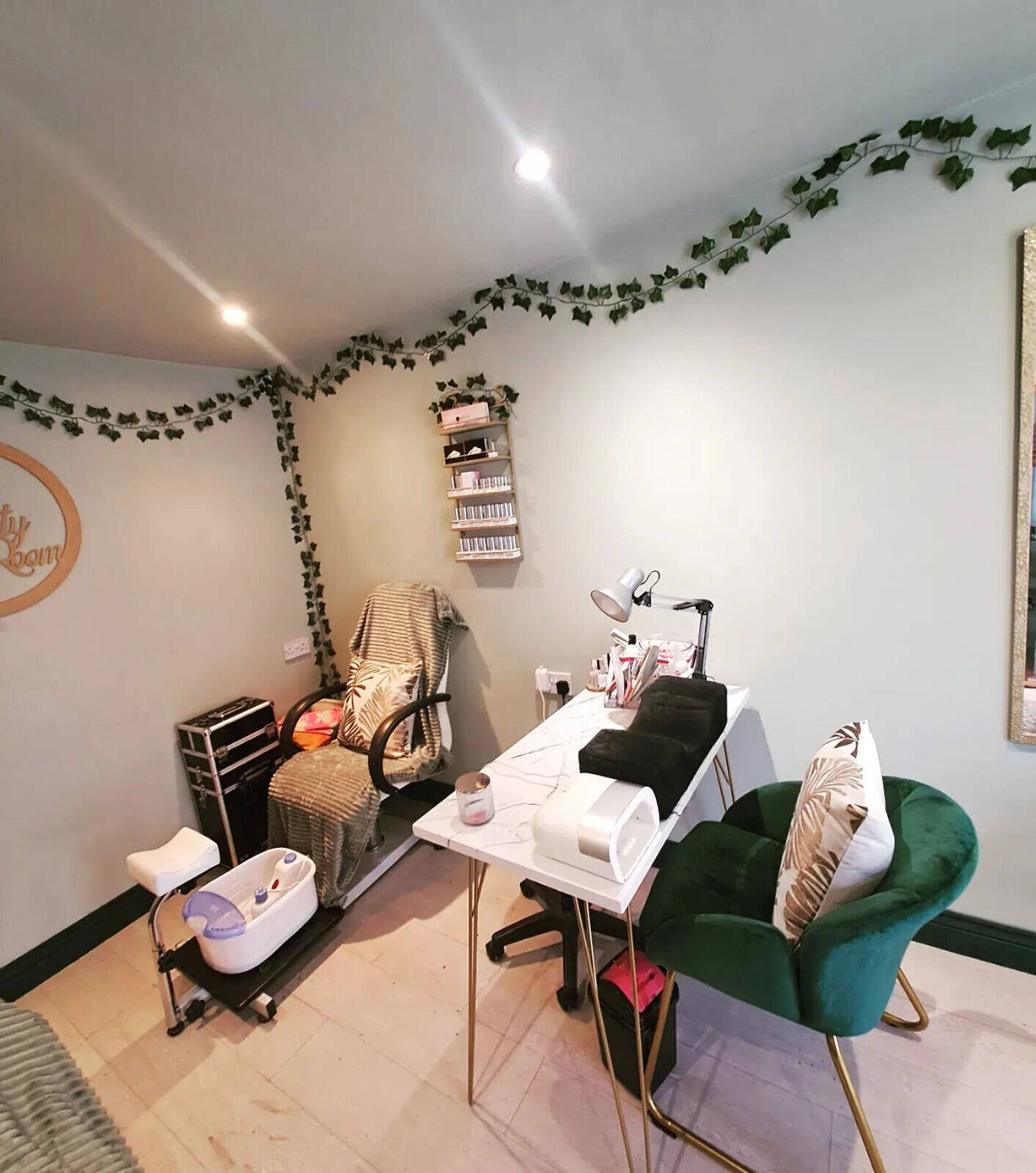 Nail bar station, complete with a comfy chair and hand rest