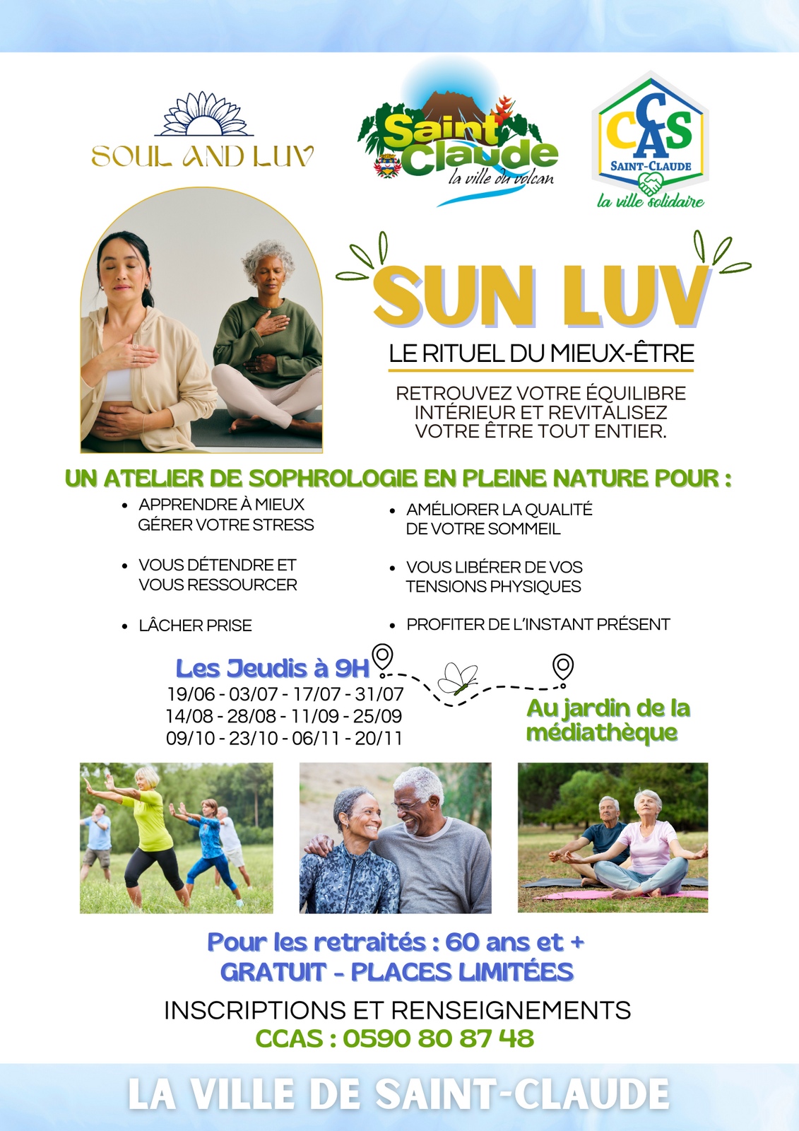 En partenariat avec le CCAS de la ville de Saint-Claude,  Soul and Luv vous informe que les ateliers de sophrologie en pleine nature sont de retour.