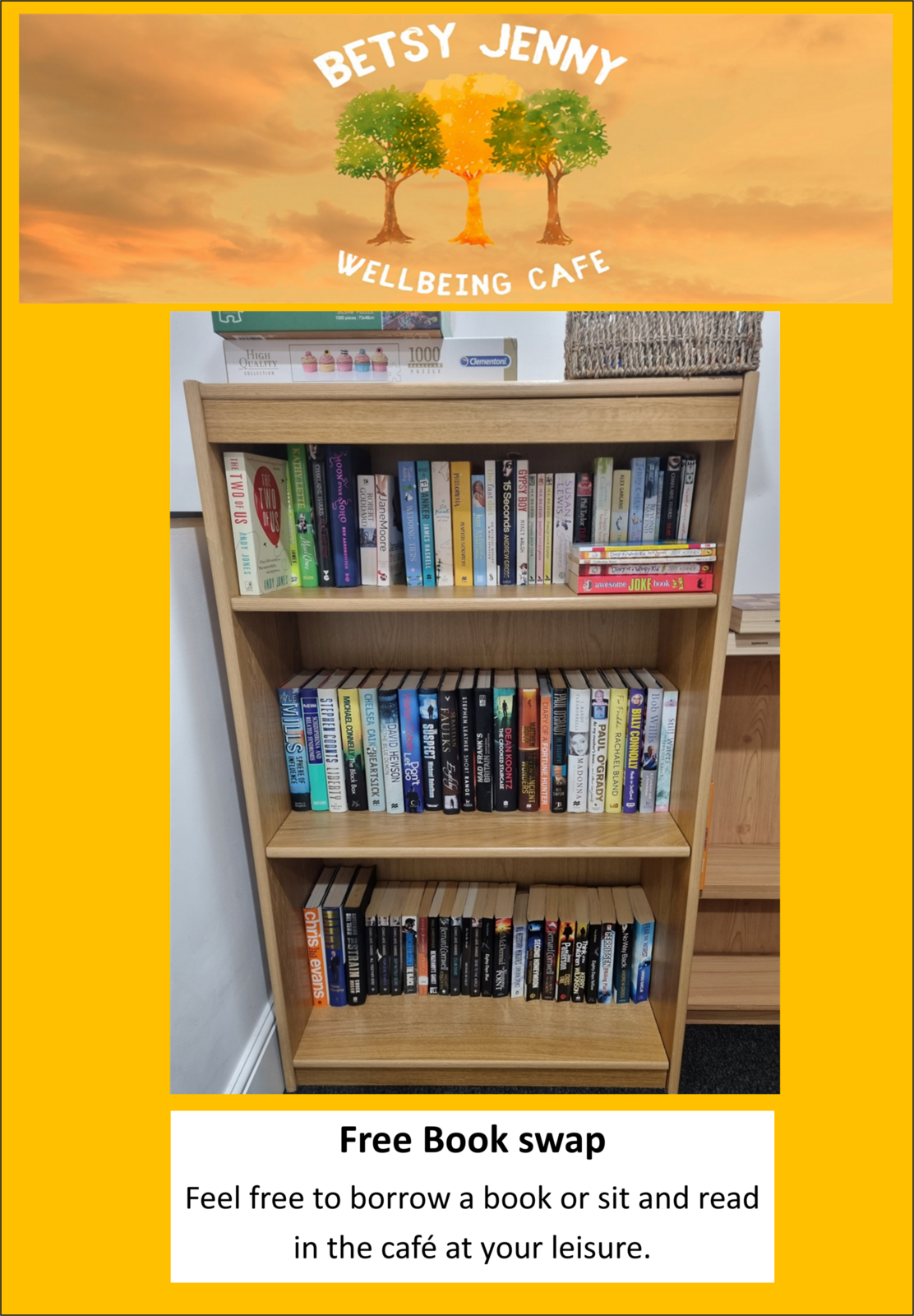 Feel free to pop in, grab a book to take home  or to read in our Café. All we ask is that you return it when finished for others to enjoy. 