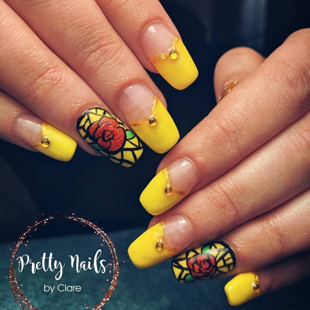 Beauty and the beast inspired nails 🥀 #beautyandthebeast #yellow #rose #stainedglass #prettynailsbyclare #naillandstudioandtraining