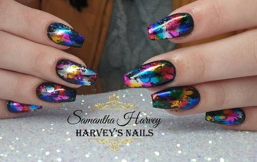 Acrylic extensions, finished with Gel polish and foil design