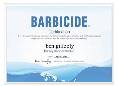 Barbicide certificate (Buxton Barber)