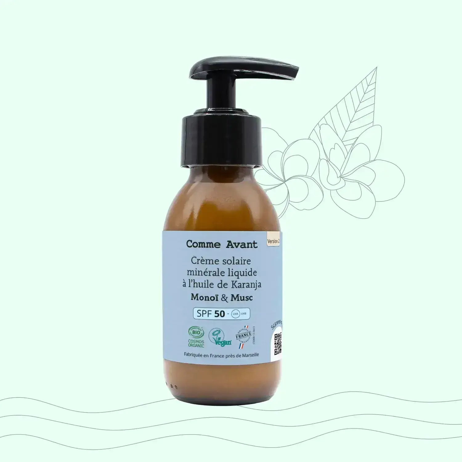 Crème solaire SPF50 minérale liquide à l'huile de karanja - Monoï & Musk