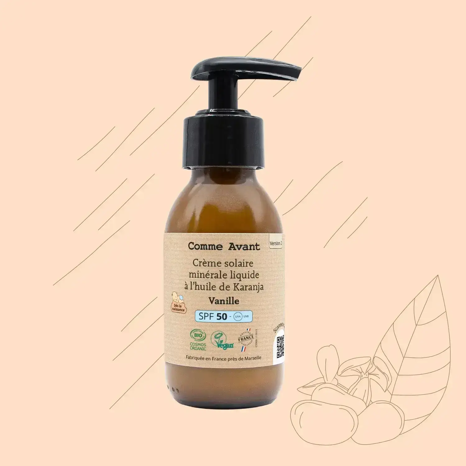 Crème solaire SPF50 minérale liquide à l'huile de karanja - Vanille