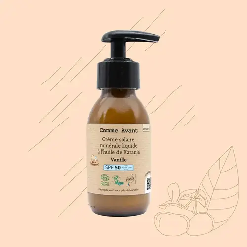 Crème solaire SPF50 minérale liquide à l'huile de karanja - Vanille