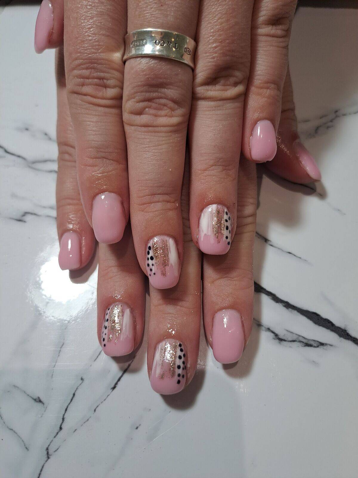 Abstract on a nude biab base with white and gold