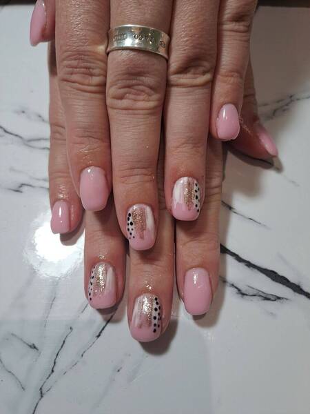 Abstract on a nude biab base with white and gold