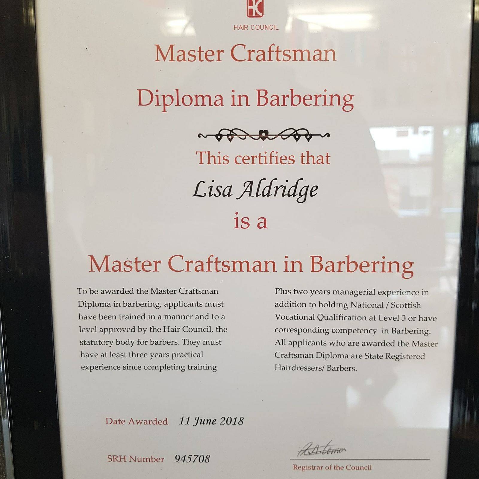 Lisa's Master Craftsman certification
