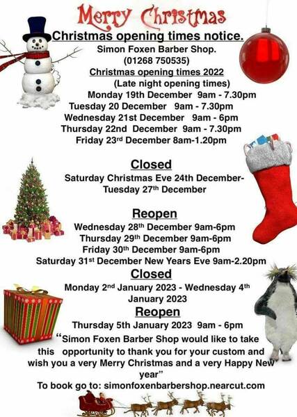 Christmas 2022 opening times.Book now👍