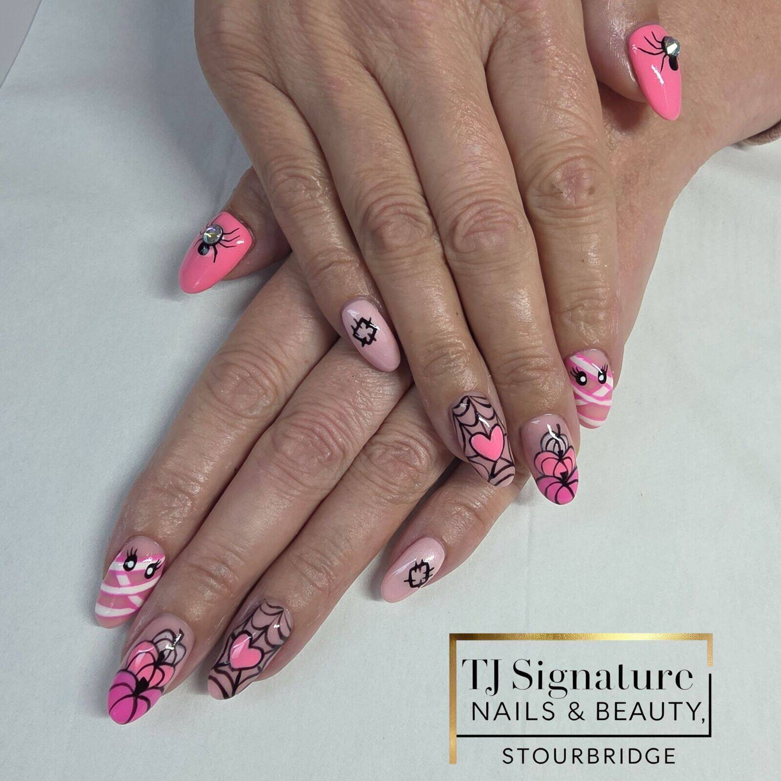 Pink Halloween Nails 🎀🕷️ A fun twist  — my client wanted Halloween nails without the classic black and orange, so we went pink! 💕 All designs are freehand, builder gel on natural nails.