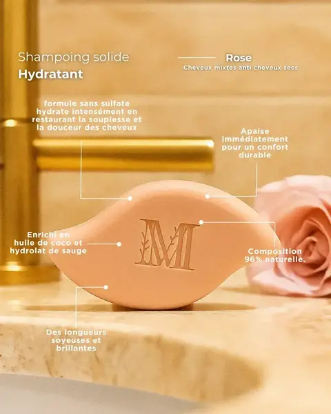 Shampoing solide hydratant sans sulfate Rose - Cheveux mixtes et anti cheveux secs