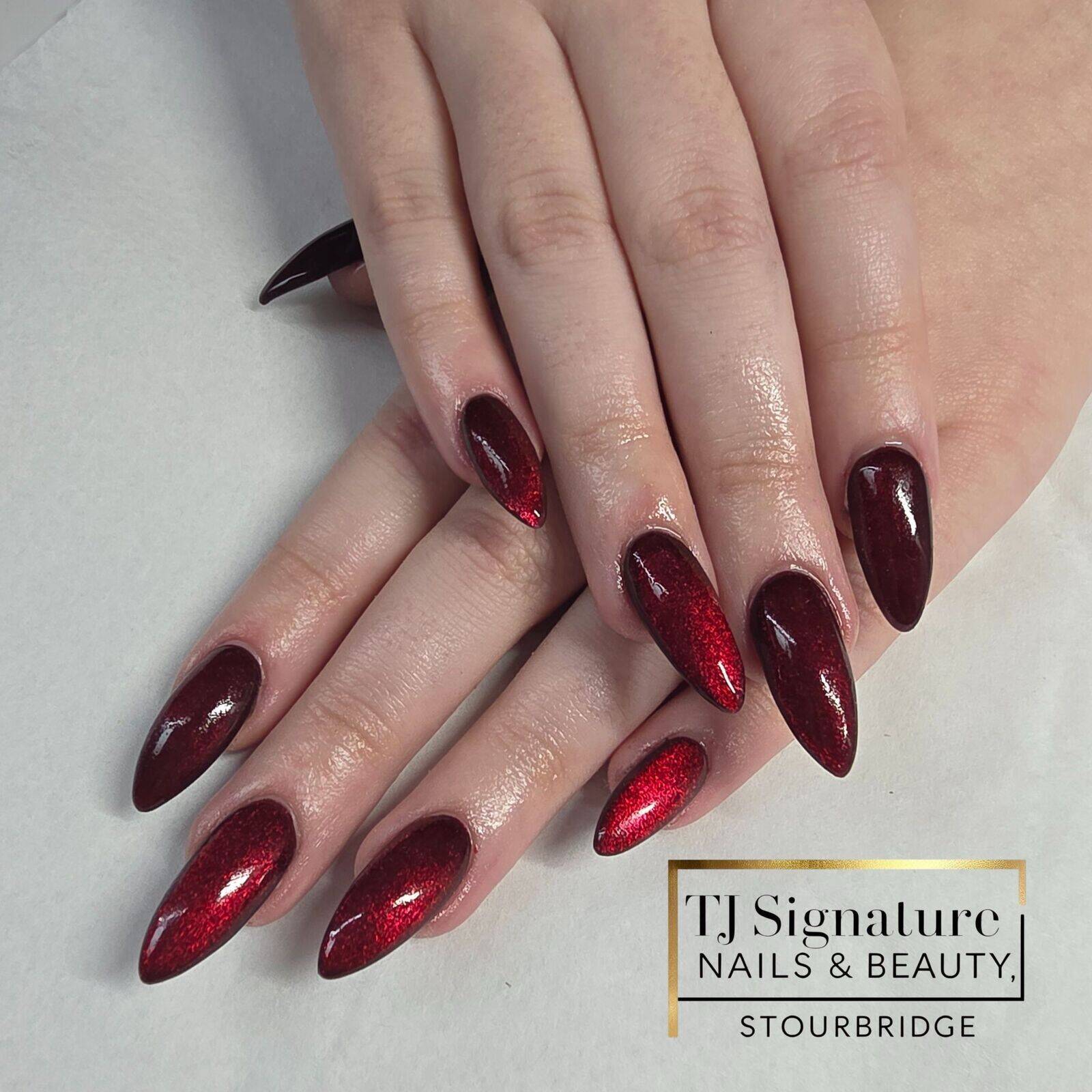 Natural nails enhanced with an acrylic overlay for extra strength, as an alternative to builder/BIAB, finished with a cat-eye effect that shifts beautifully in different lighting.