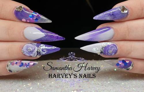 Acrylic design Stiletto nail with x cross Ombre, 3D flower and hand painted swirl etc