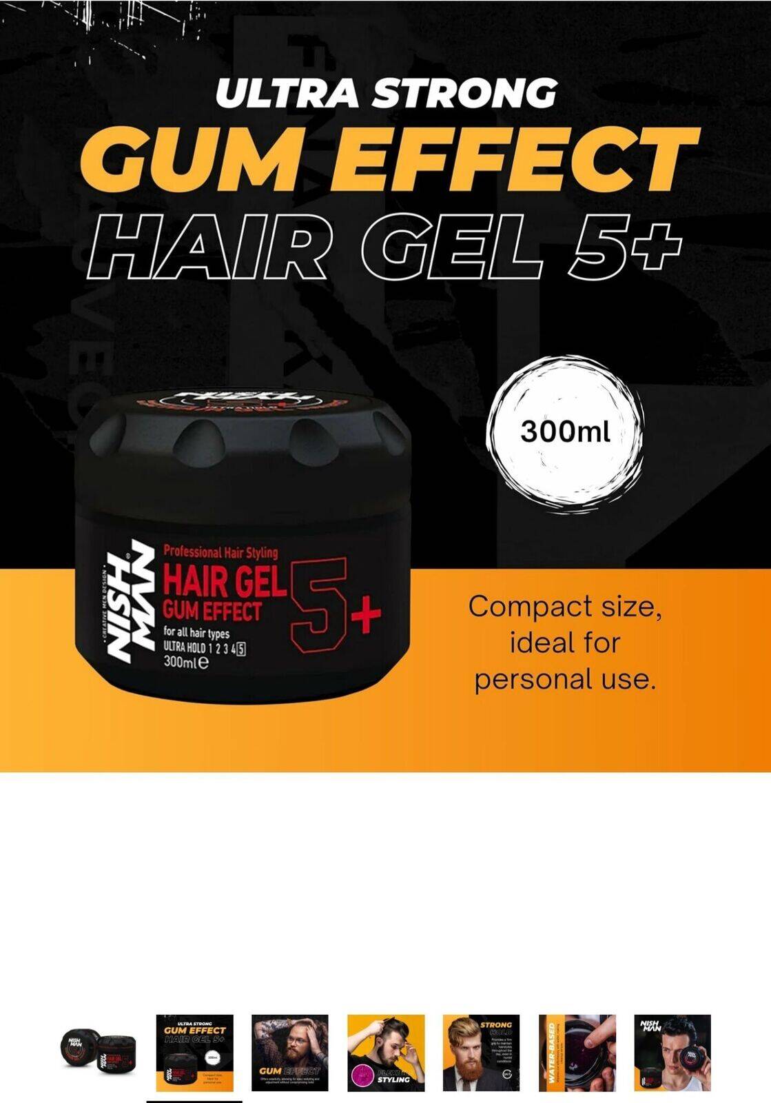 NISHMAN Hair Styling Gel 5+ Gum Effect 300ml – Ultra Strong Hold Hair Gel with Long-Lasting Shine and Defined Style for Men