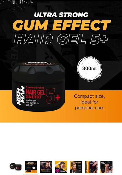 NISHMAN Hair Styling Gel 5+ Gum Effect 300ml – Ultra Strong Hold Hair Gel with Long-Lasting Shine and Defined Style for Men