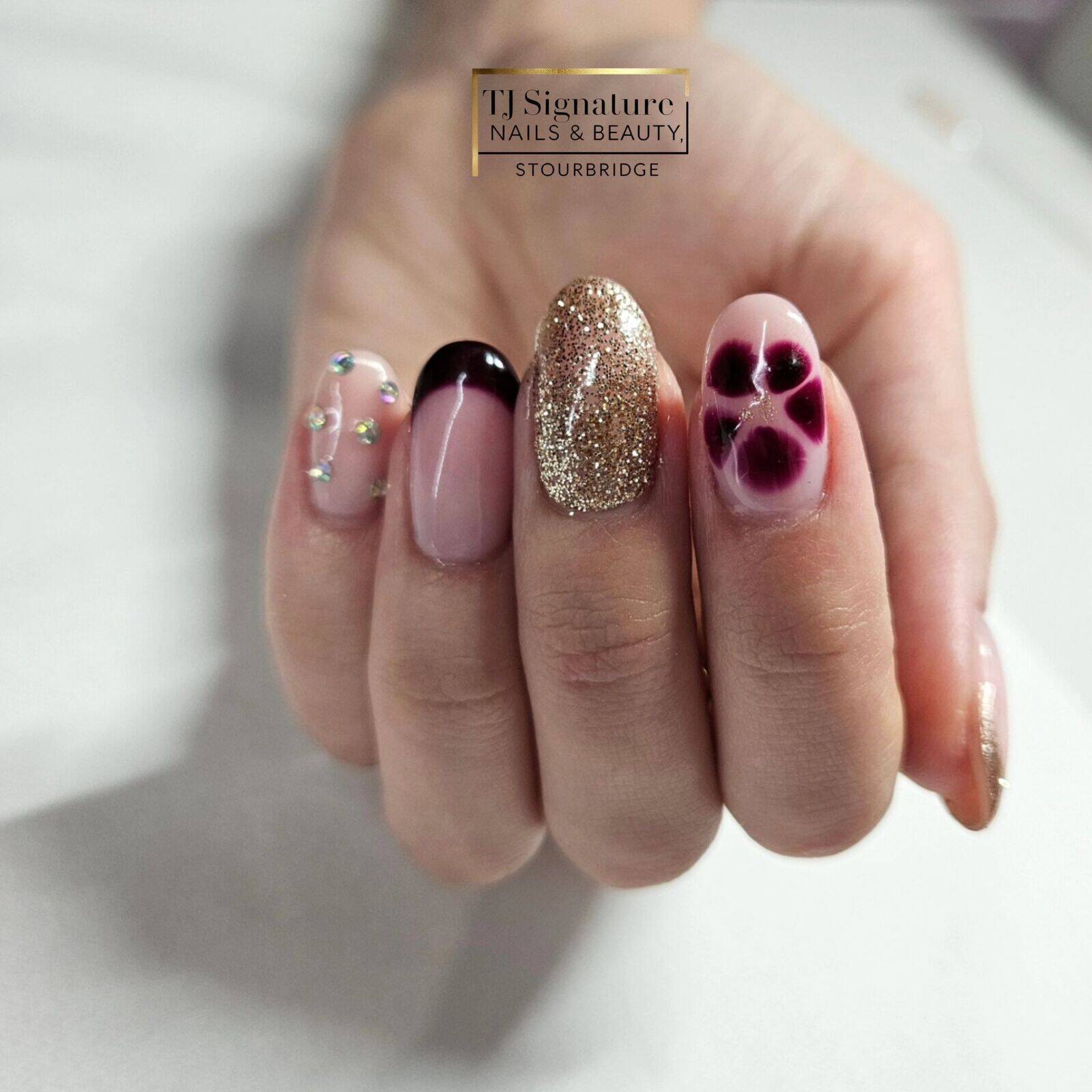 Blooming beauty 💐 Builder Gel over natural nails, Using O.P.I 'Put it in Neutral' with Gelish 'Black Cherry Berry'