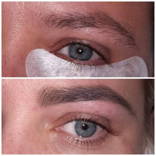 Before and after picture of brow wax and tint (natural)