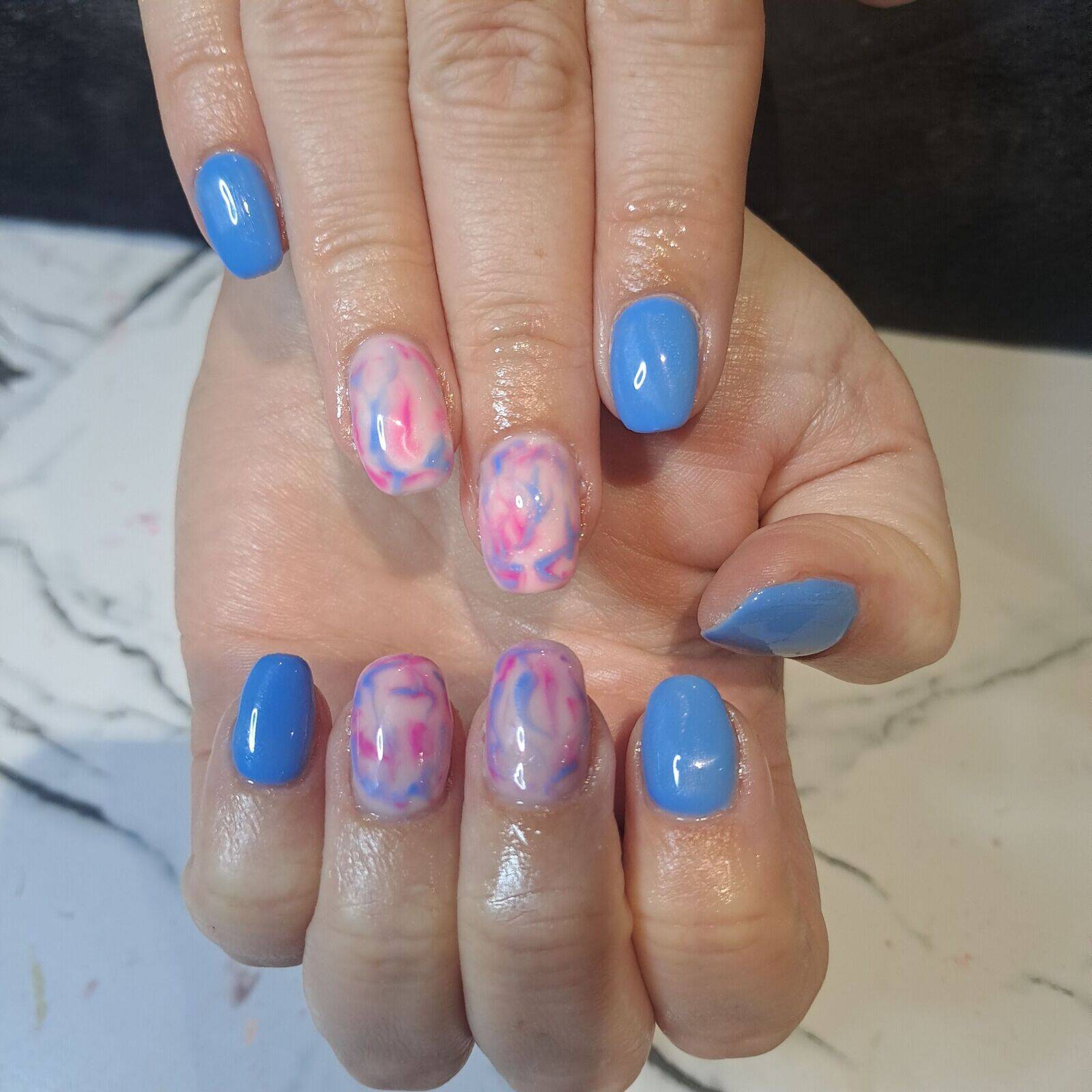 Baby blue with a pink and blue marble mix
