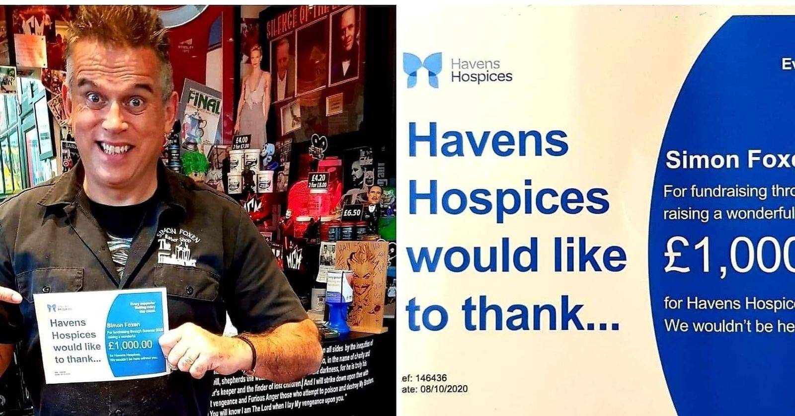 10/10/2020 Awarded certificate from Havens Hospices for money raised hosting online Quizzes during March-July Lockdown .