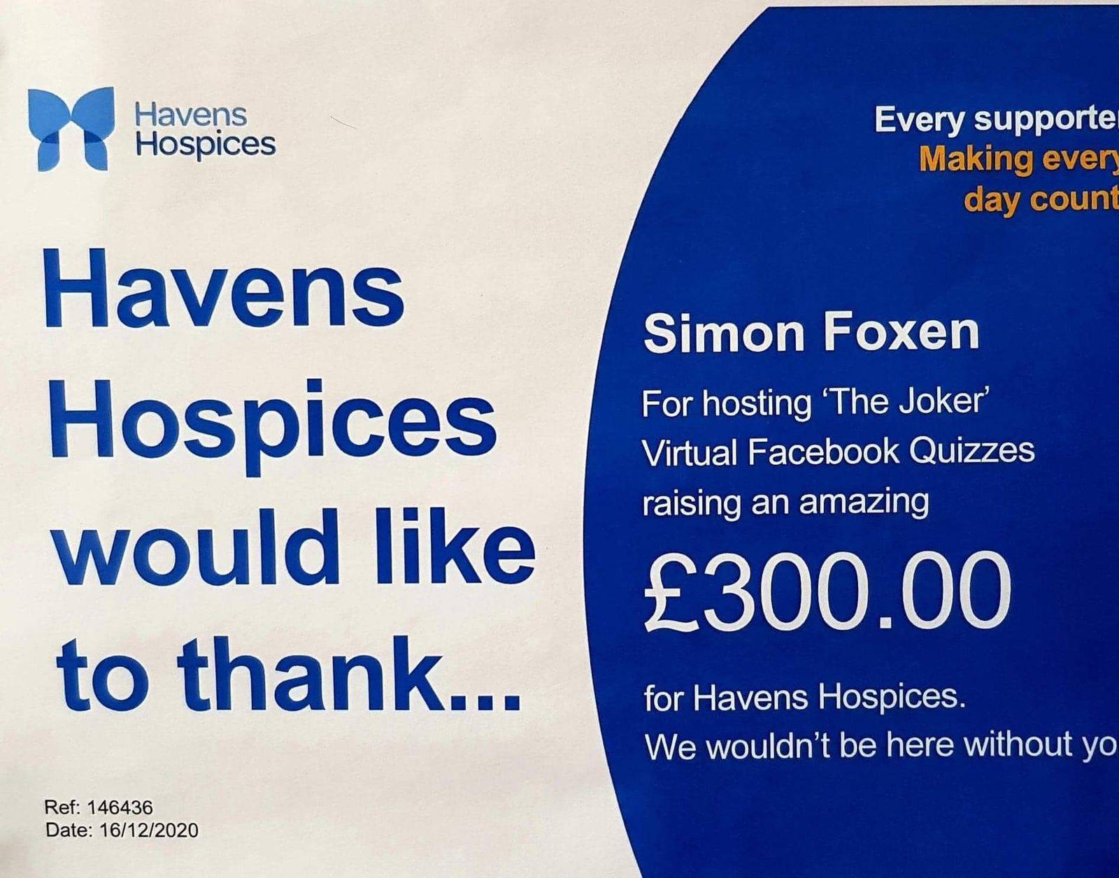 The Joker (aka Simon Foxen)  Hosted The Jokers Crazy online Quiz night during Lockdown raised £300 for Little Havens😃👍😃♥️