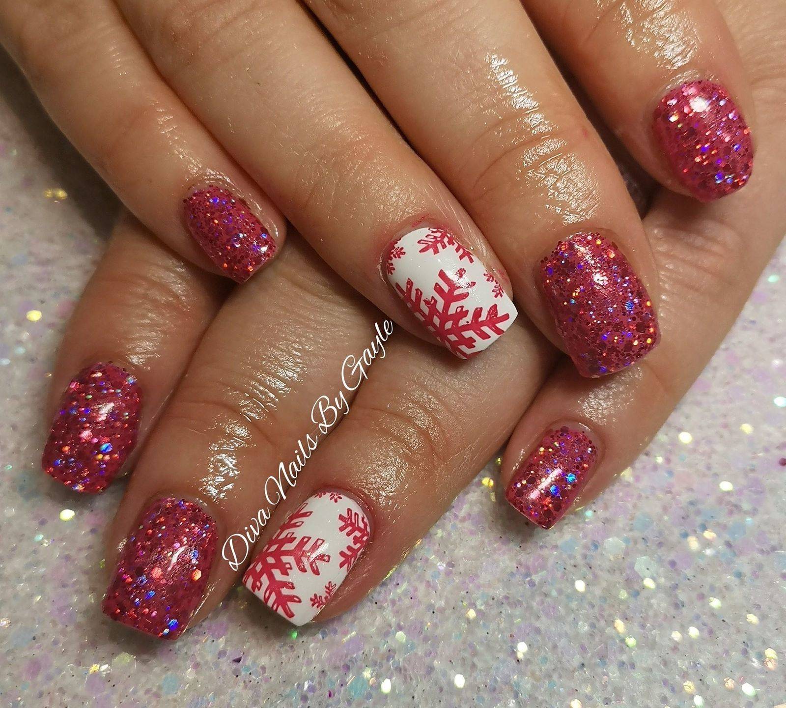 Pink sparkly holographic Christmas nails