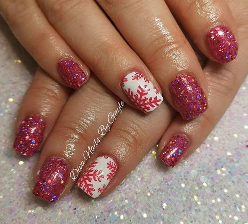 Pink sparkly holographic Christmas nails