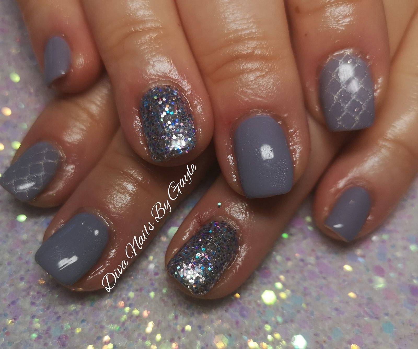 Misty morning gel colour with silver holo stamping and glitter