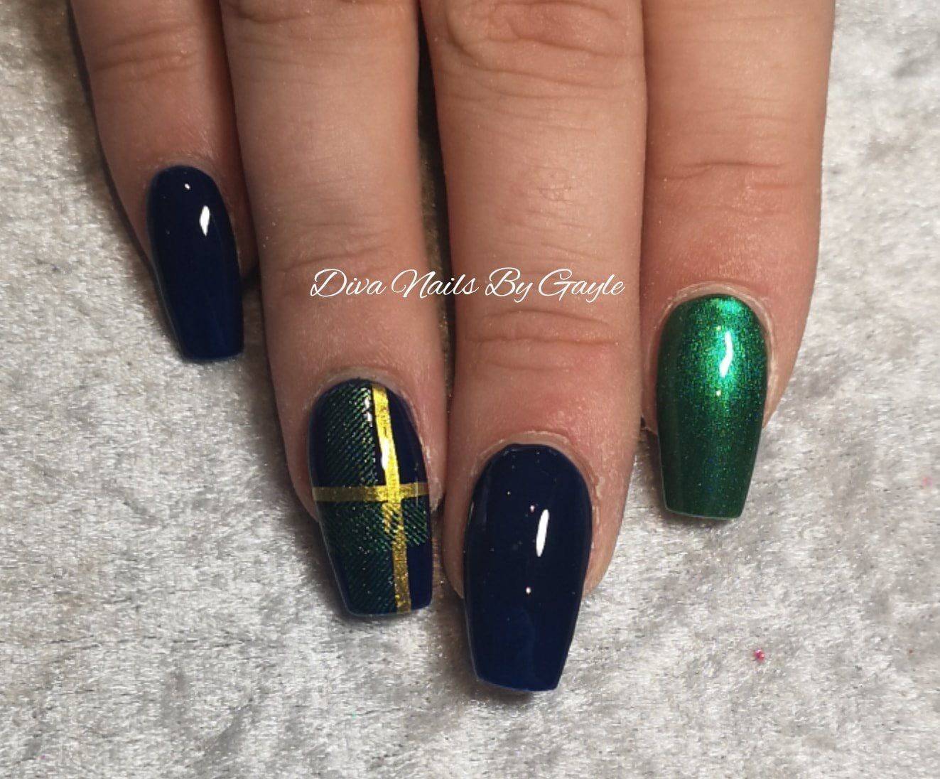 Navy, green and gold tartan