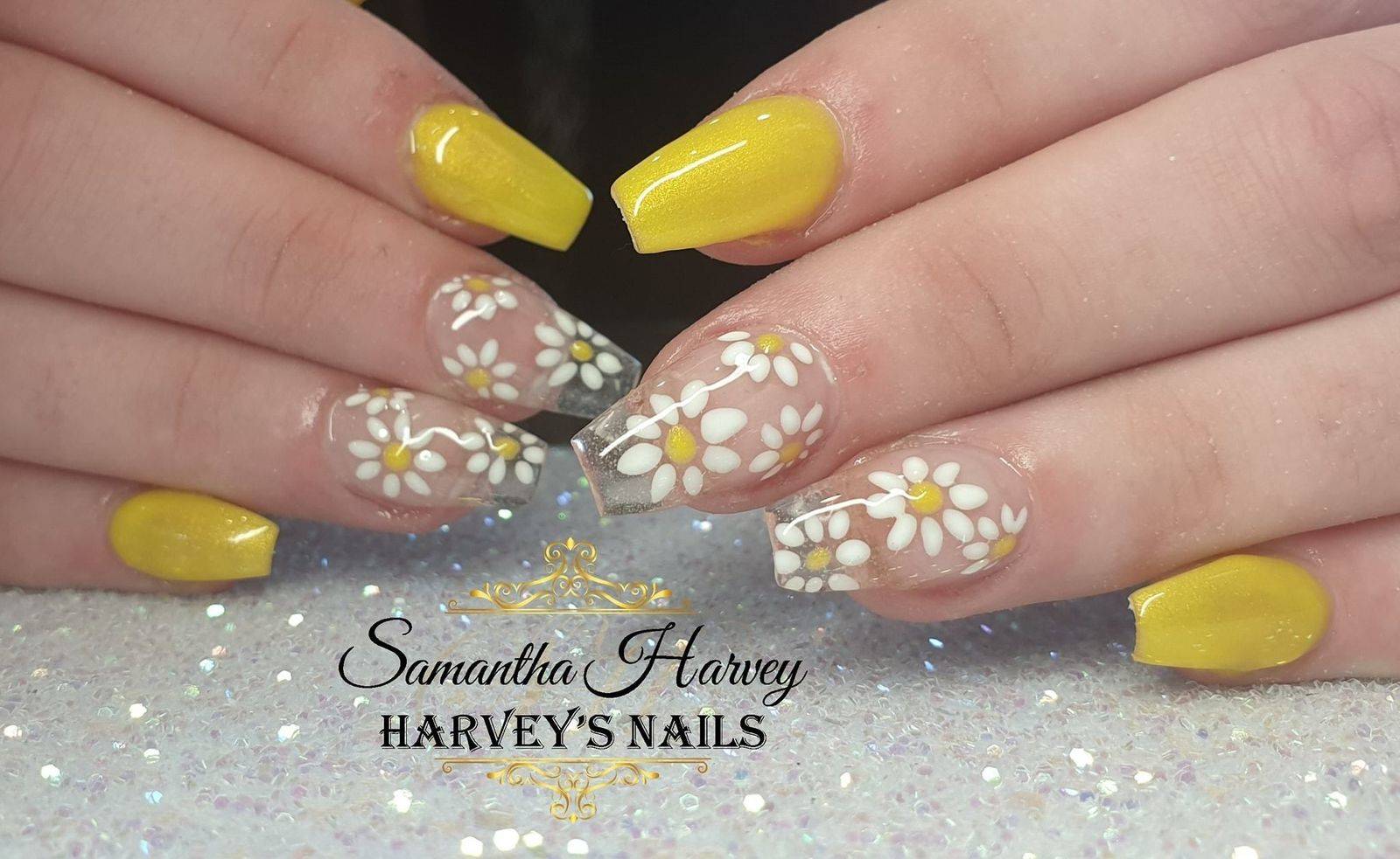 Acrylic extensions, finished with Gel polish and hand painted Daisy's 