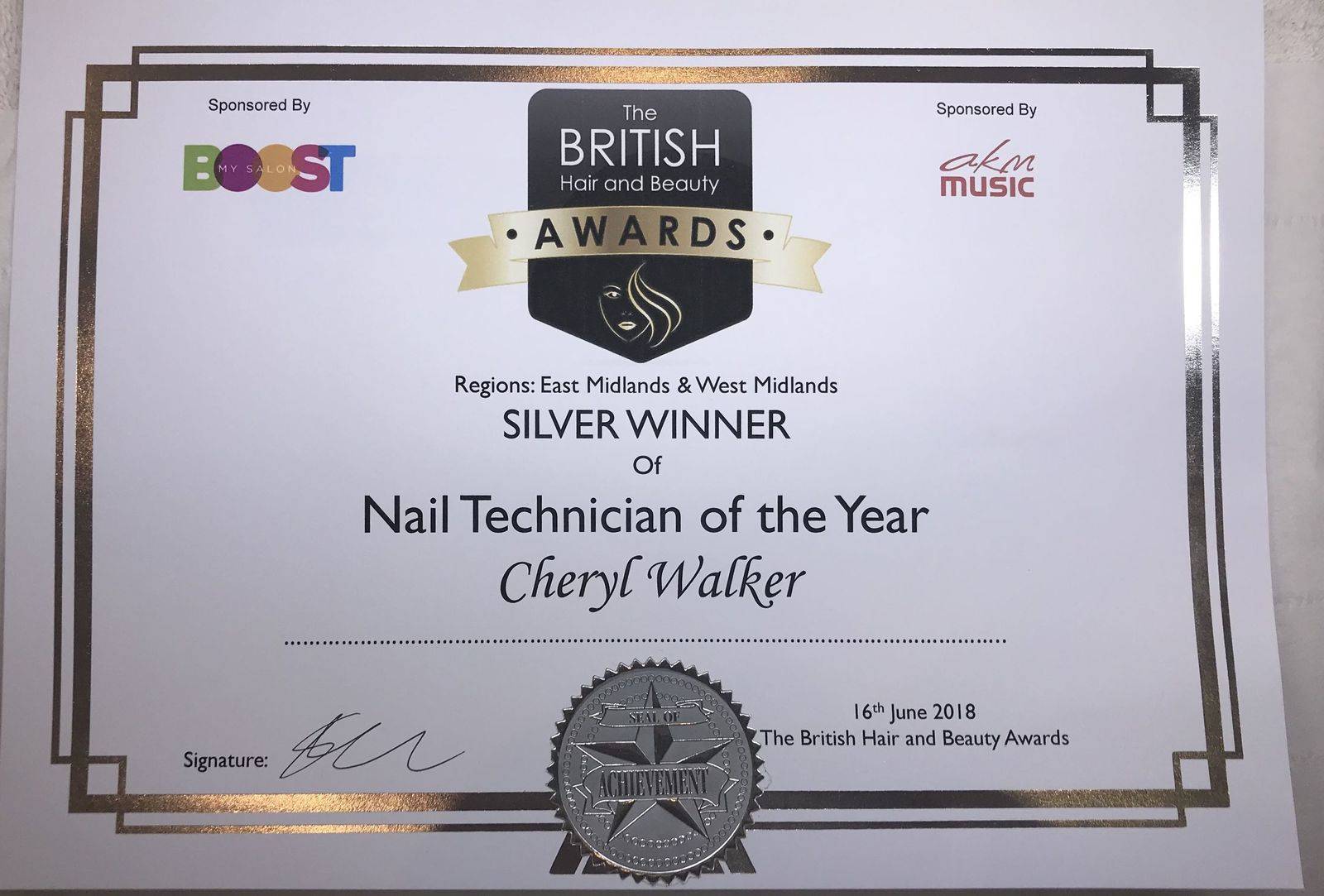 Cheryl Walker Nail Tech of the year 2018 silver
