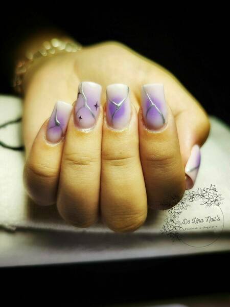 Extension Popit + Nail art :Effet à l'air brush  + ligne argenté + étoiles